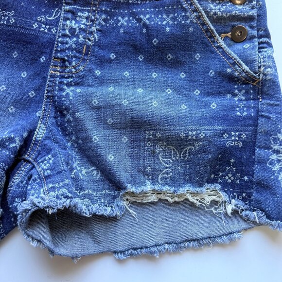 No Boundaries Overalls Womens M Blue Bandana Denim Distressed Shorts - Picture 5 of 13